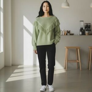 SCOOP Women’sl Crochet Fringe Sweater Sage Green